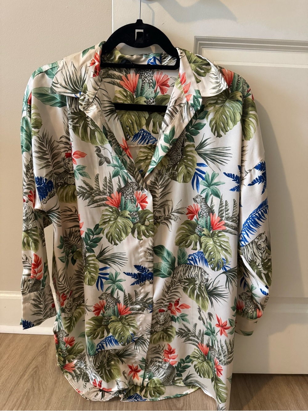 Zara Floral Tropical Print Blouse in Green, Coral, Cream Oversized